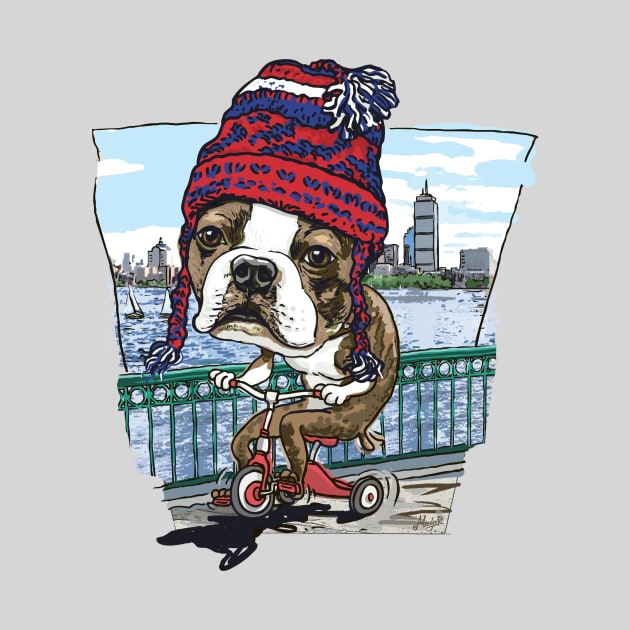 Boston Terrier Dog with Red, Blue and White Winter Beanie by Mudge