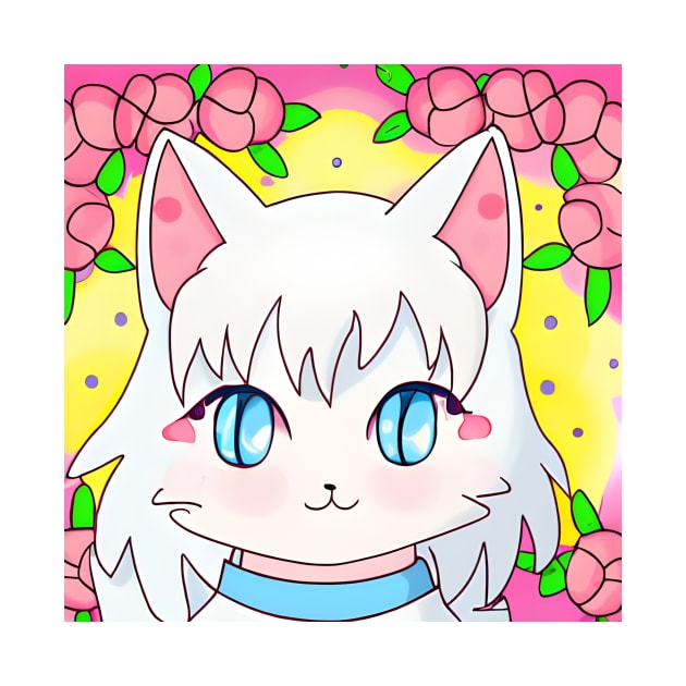 Anime White Cat With Flowers by withdiamonds