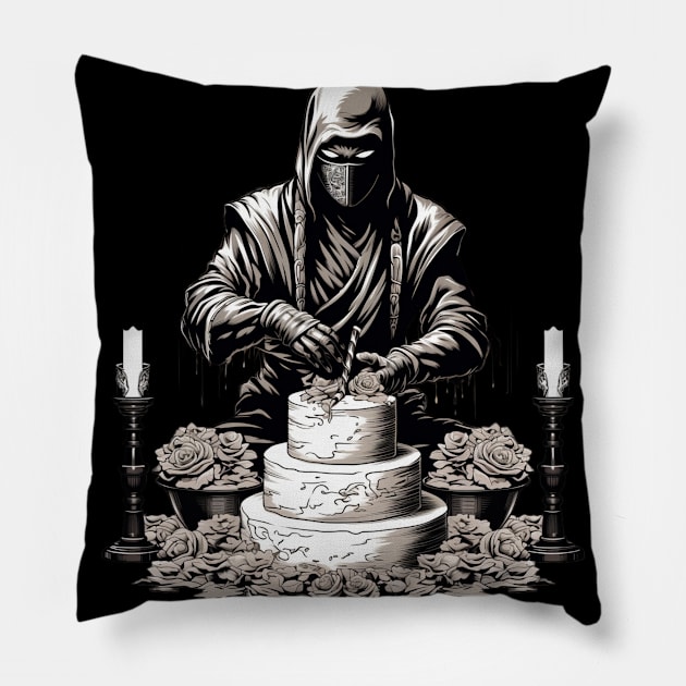 Ninja Birthday Cake: Gothic Style Sepia Illustration Pillow by YUED