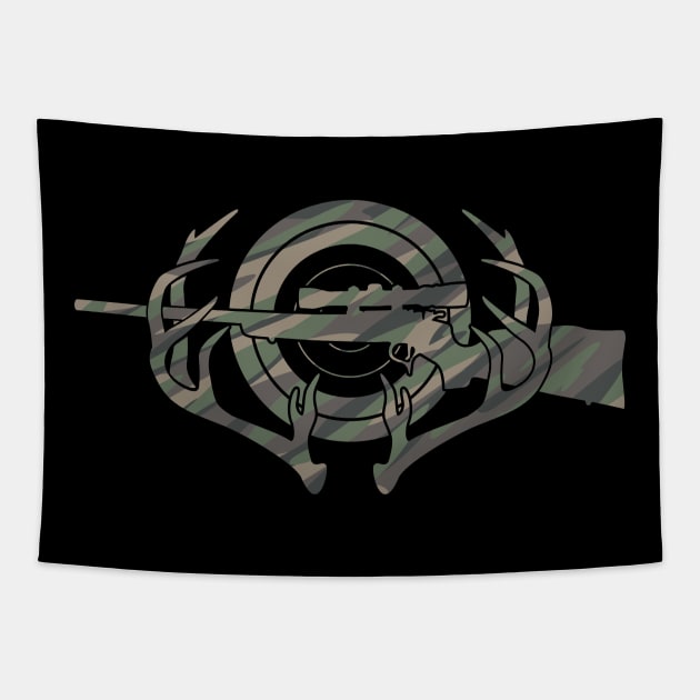 Camouflage Hunting and Shooting Sports Logo with Rifle, Buck Horns and Target Tapestry by hobrath