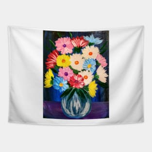 An elegant painting of an exquisite bouquet arranged in a crystal clear glass vase Tapestry