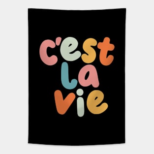 C'est La Vie in Black Peach Fuzz Pink Apricot Yellow Blue and Orange Tapestry