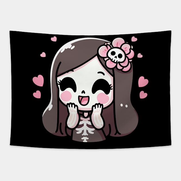 Cute Kawaii Girl in a Skeleton Costume | Kawaii Halloween with Hearts Tapestry by Nora Liak