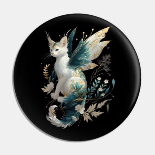 Majestic Cat Dragon Fairy Art - White and Teal with Gold Accents Pin