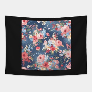 Shabby Chic Floral Flowers, Pretty Feminine Pattern on Blue Background Tapestry