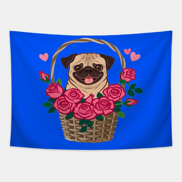 Cute pug dog sitting in a basket Tapestry by amramna