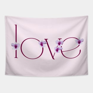 Light Pink and Purple Orchid Flower Decorated Word LOVE Tapestry