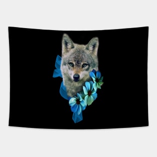 Cute Baby Wolf with blue Flowers Tapestry