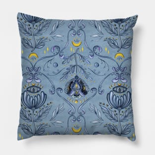 Damask Pattern of Folk Flowers on Deep Blue Pillow