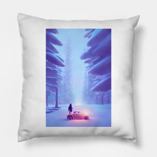 Cute Anime Car & Girl Snowy Christmas Landscape Pillow