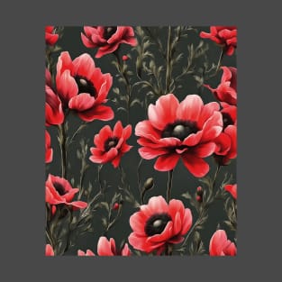 Red Anemones Wildflower Abstract Pattern T-Shirt