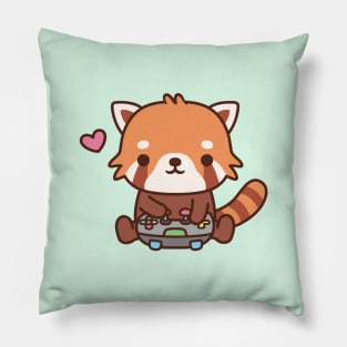 Cute Gamer Red Panda Playing Video Games Pillow