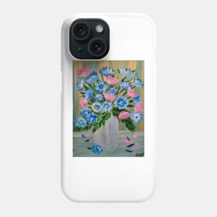 vibrant pink and blue bouquet of flowers in a silver and gold vase Phone Case