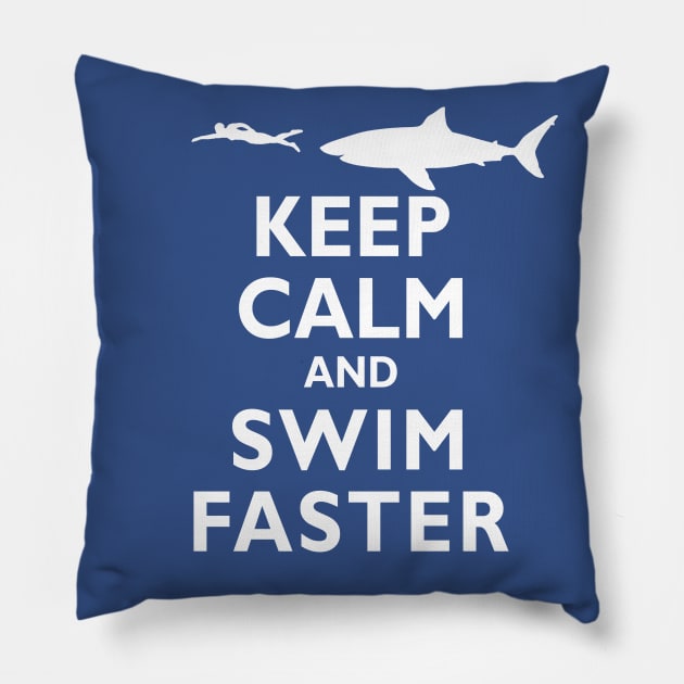 Funny Keep Calm and Swim Faster Shark Swimming Swimmer Pillow by TeeCreations