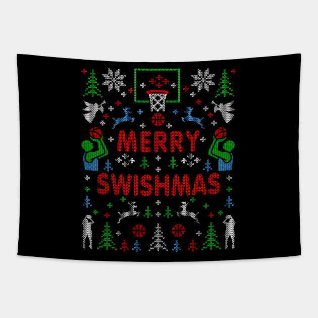 Merry Swishmas Basketball Ugly Sweater Party Christmas Basketball Player Fan Coach Tapestry by TeeCreations