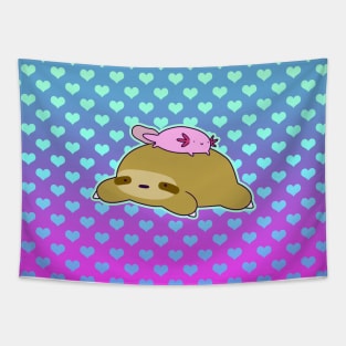 Sloth and Little Axolotl Ombre Hearts Tapestry