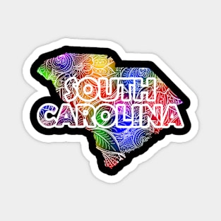 Colorful mandala art map of South Carolina with text in multicolor pattern Magnet