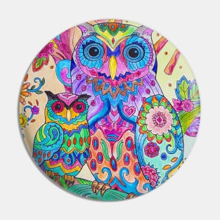 Colorful Pencil Sketch Owl Doodle Art Motif Pin