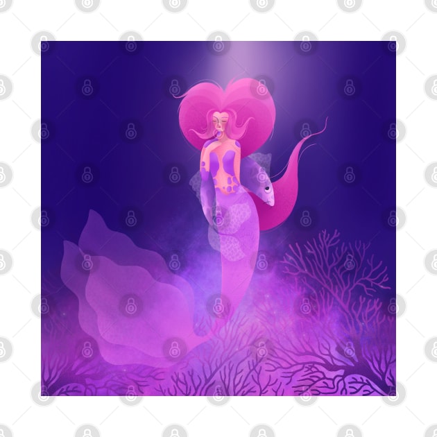 Beautiful pink mermaid with cute purple fish, version 2 by iulistration
