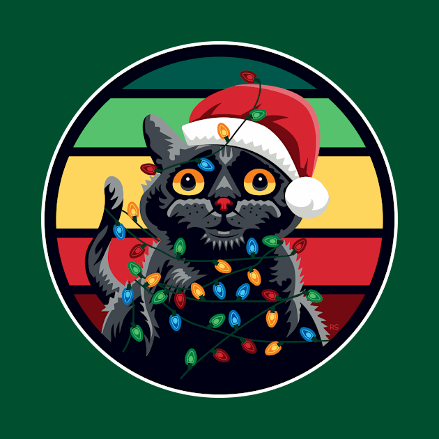 Cute Black Cat Tangled in Christmas Lights - Retro Style T-Shirt by RYSHU 