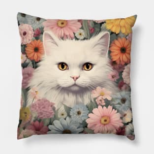 Blooming Beauty: A Whimsical Long-Haired Cat Embraced by Floral Delights Pillow