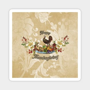 Happy Thanksgiving, with cute turkey, flowers and fruit Magnet