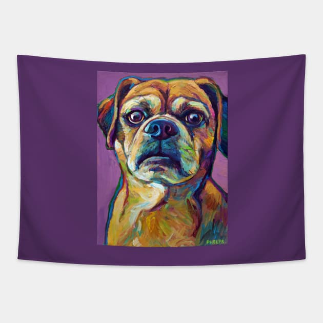 Fun Puggle Pup on Lavender Tapestry by RobertPhelpsArt