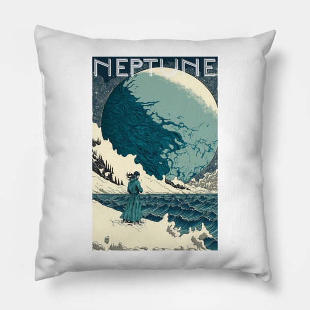 Neptune Travel Poster Vintage Pillow by JigglePeek