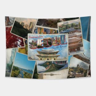 Greetings from Seoul in South Korea Vintage style retro souvenir Tapestry