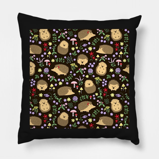 Hedgehogs amid woodland plants and flowers Pillow by missmewow