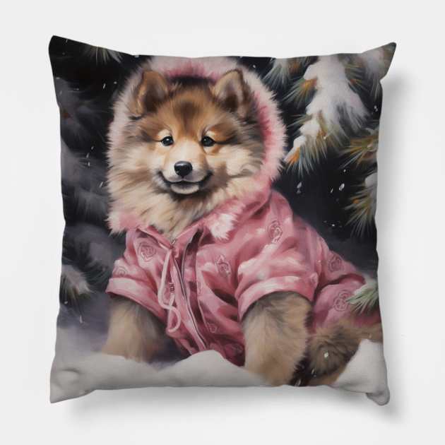 Finnish Lapphund In Snow Pillow by Enchanted Reverie