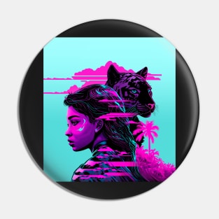 Girl and Panther vaporwave style Pin