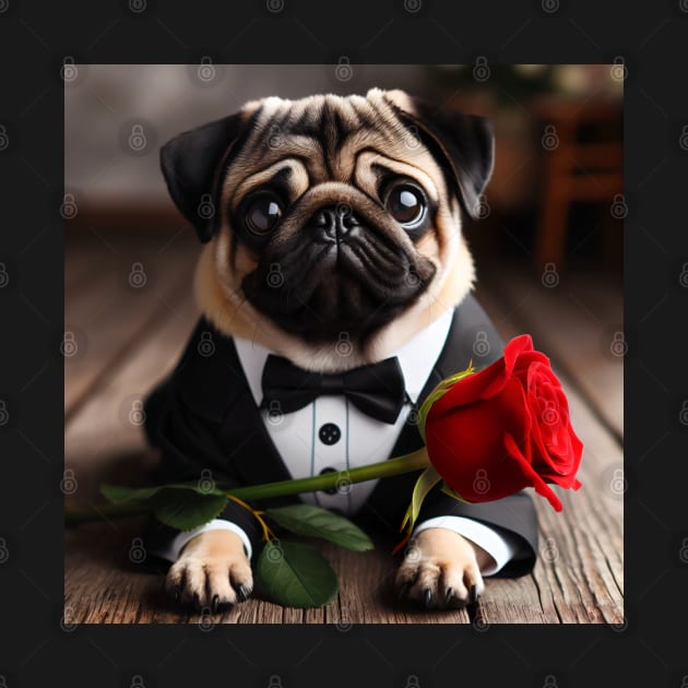 Sad pug dog in tuxedo suit and bow tie with red rose by nicecorgi