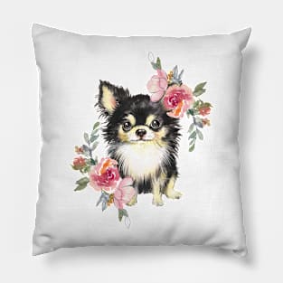 Cute Chihuahua Puppy Dog with Flowers Watercolor Art Pillow