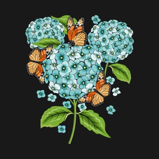 Blue Hydrangea And Butterfly Art T-Shirt