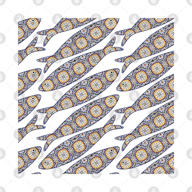 Traditional portuguese sardine and tiles background. Seamless pattern with ornamental fish. Fish pattern in abstract style with colorful tiles. by AnaMOMarques