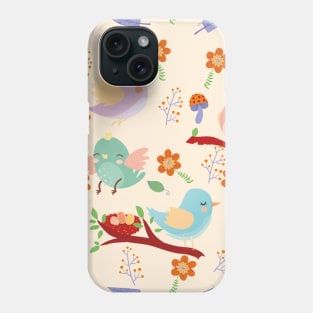 Cute Birds Pattern With Flowers, Sticks, Mushrooms and Plants Graphic illustrations Phone Case