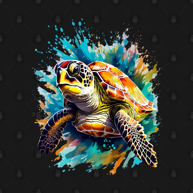 Sea Turtle Surrounded by Splashes of Watercolor by BirdsnStuff