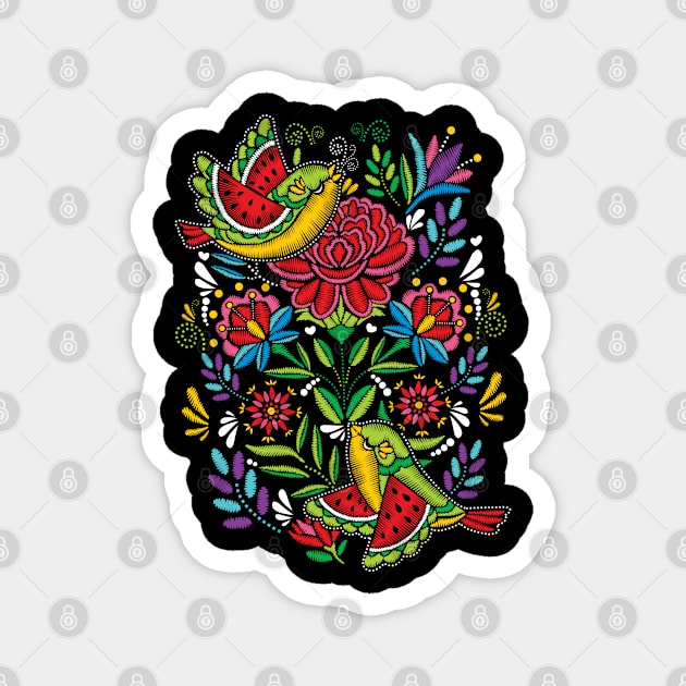 Cute Colored Birds Embroidery Effect Mex Art Magnet by Velvet Love Design 