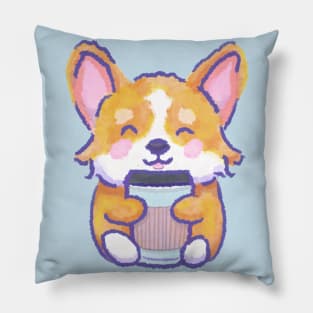 Happy Corgi Kawaii Coffee Lovers Watercolor digital Illustration Pillow