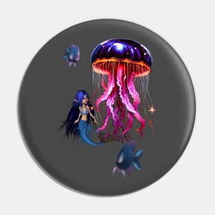 Cute mermaid looks at the beautiful jellyfish. Pin