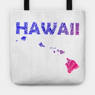Colorful mandala art map of Hawaii with text in blue and violet Tote