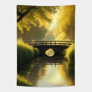 A serene anime canal scene in a rural countryside Tapestry