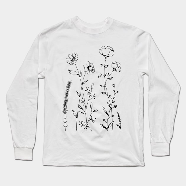 Simple Black and White Flowers and Leaves Design Long Sleeve T-Shirt