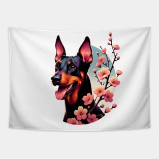 Joyful German Pinscher with Spring Cherry Blossoms Tapestry