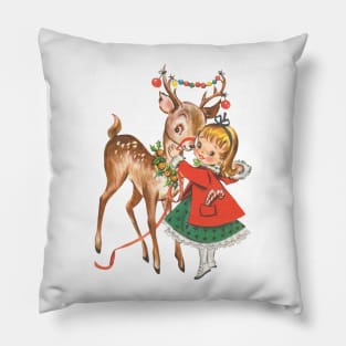 Vintage Christmas Girl and Reindeer Pillow
