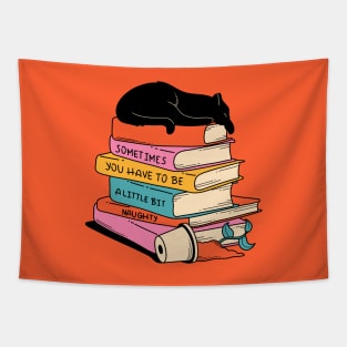 Books and Plant Black Cat in orange Tapestry