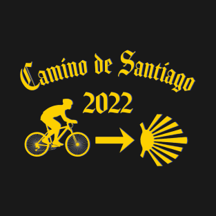 Camino de Santiago Typography Man Riding a  Bicycle Yellow Arrow Scallop Shell T-Shirt