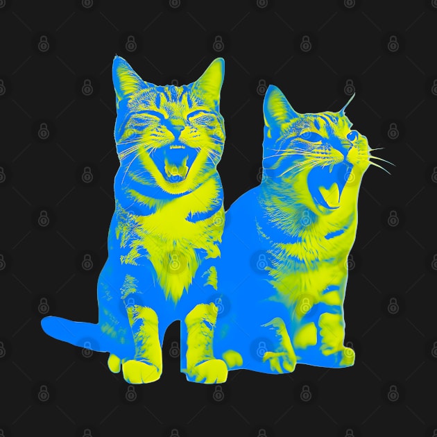 Laughing Cats - duotone blue and yellow by Ravenglow