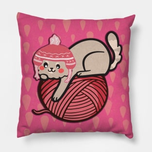 Cat kitten funny with wool ball in pink Pillow